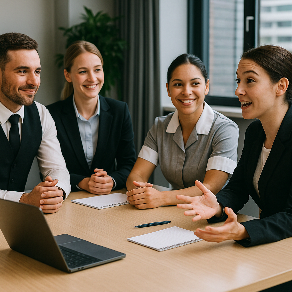 Happy hotel team members smiling together